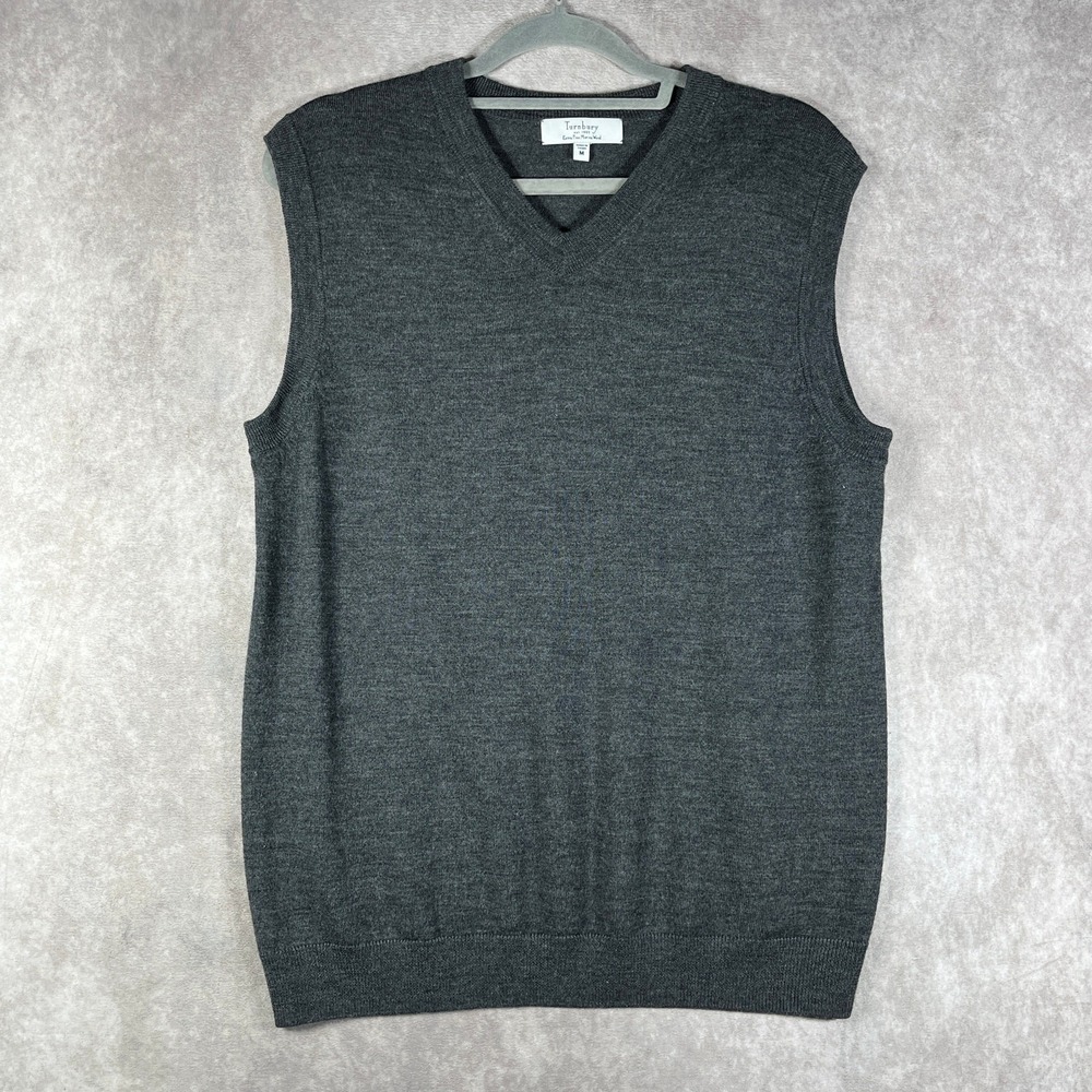 Turnbury Sweater Vest Mens Medium Gray‎ Extra Fine Merino Wool Knit Pullover